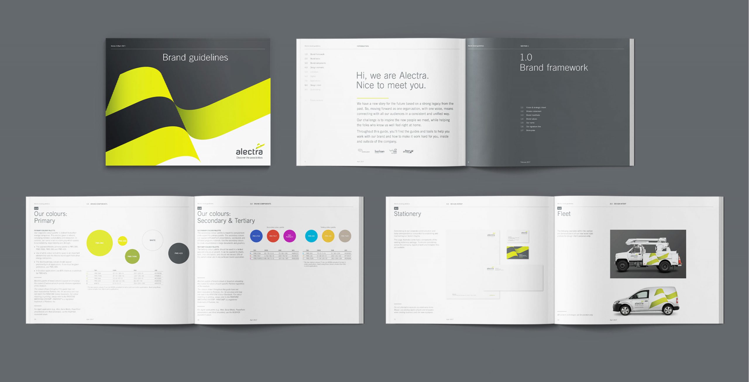 Sample pages from the Alectra Brand Guidelines manual.