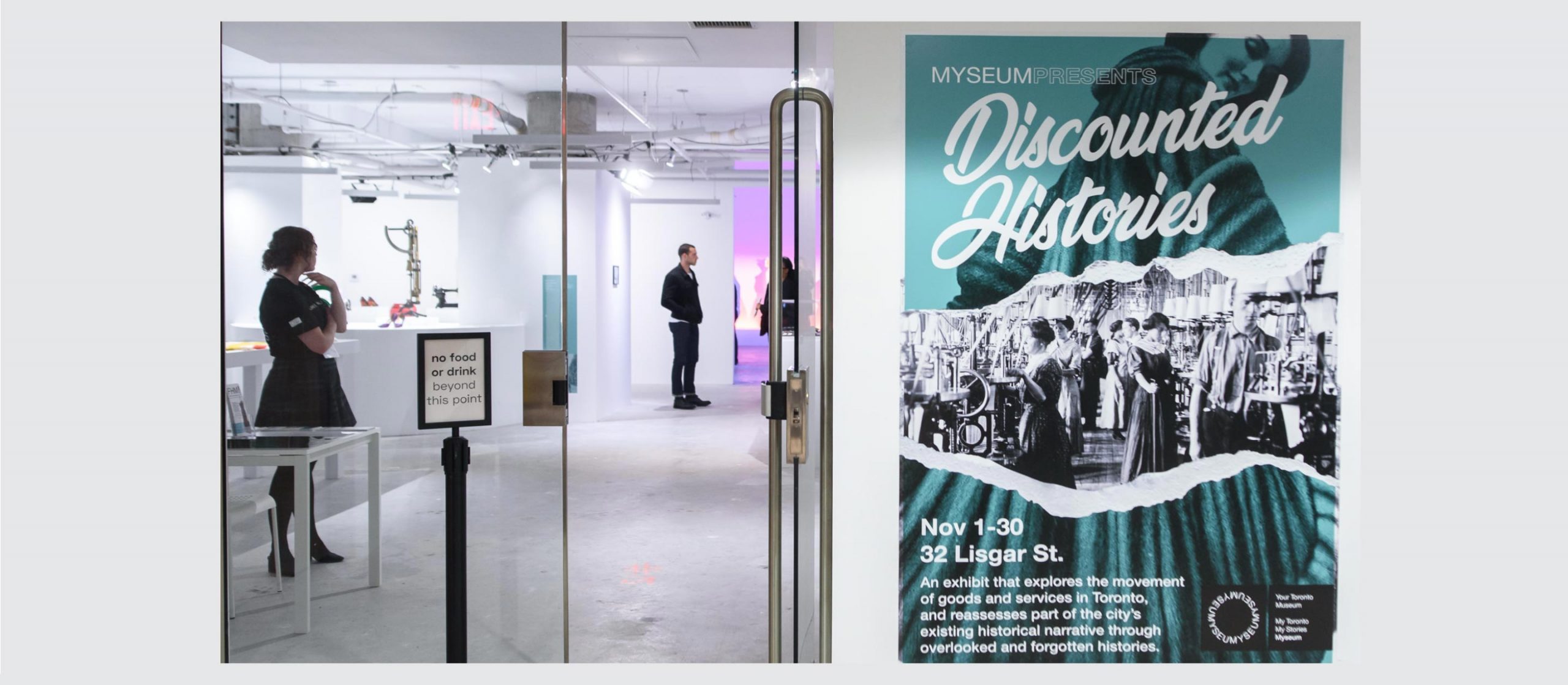 The Discounted Histories exhibit entrance is shown alongside the program cover featuring the identity.