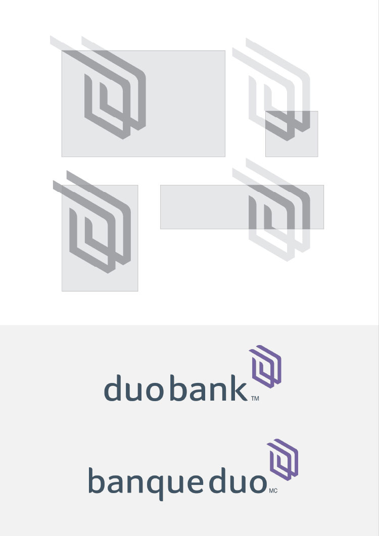 The DuoBank D is shown with highlighted areas that create the supergraphic element. The DuoBank logo is shown in English and French.