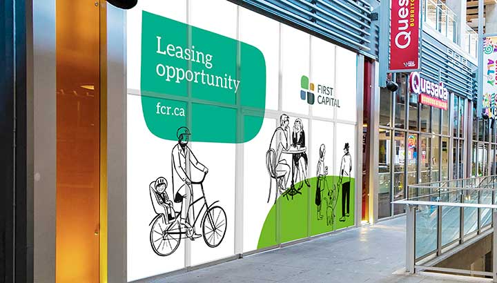 “Leasing opportunity” signage in a retail environment makes a bold impact with the new brand illustrations, shapes and colours.