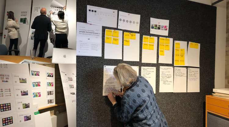 The Ove team is shown collaborating to develop the brand identity working with large boards of visuals and post-it note ideation.
