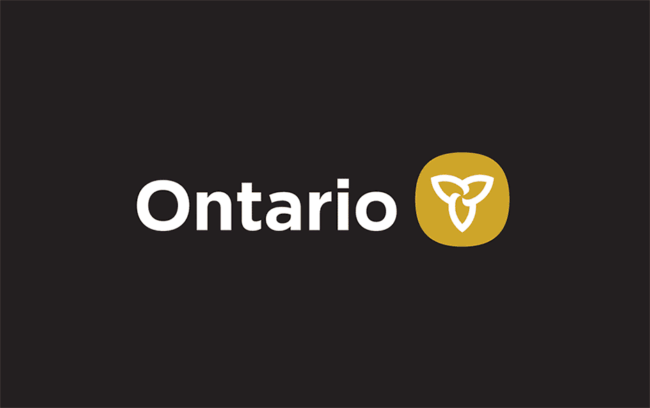 The Ontario logo is shown in reverse on a black background rotating through the various colours.