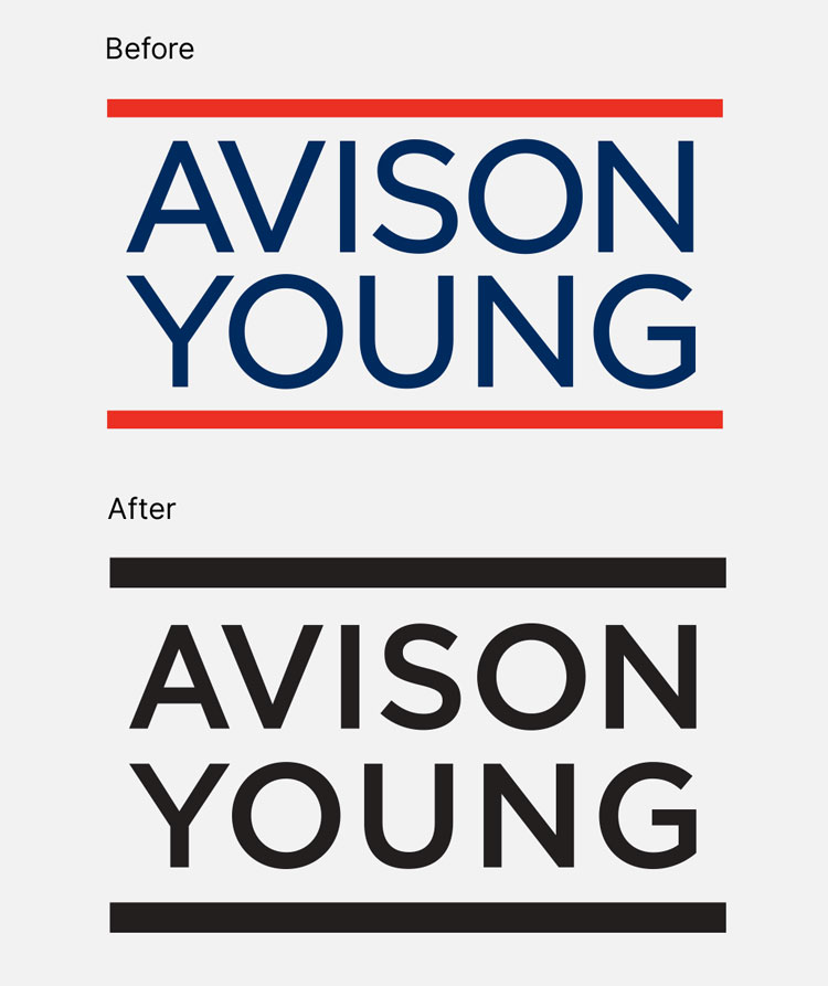 The Avison Young logo, before in red and blue, and after in black with a slightly bolder weight 