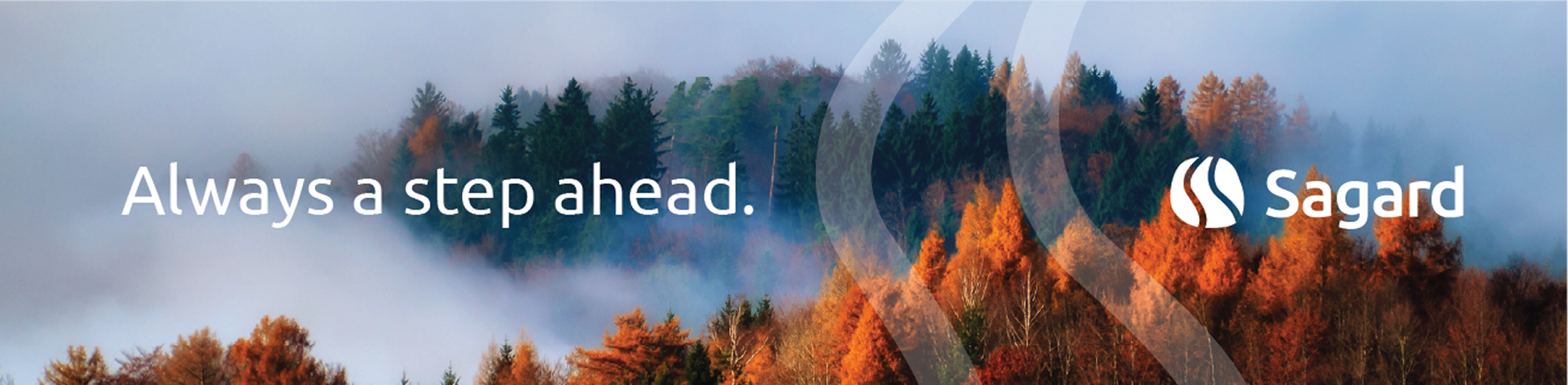 Web banner shows a misty autumn forest background with white text that reads "Always at step ahead" and Sagard's logo