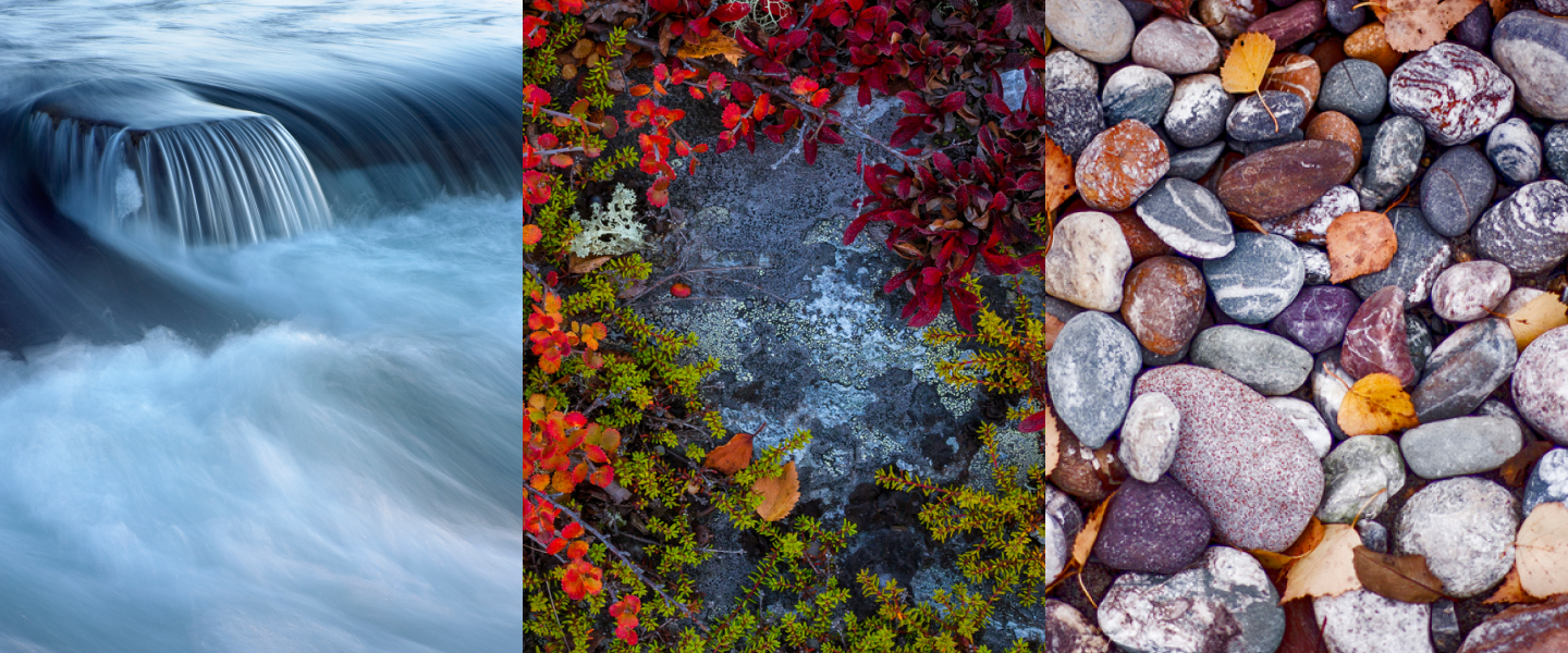 Photographyc tryptic of nature elements – water running, moss and pebbles.
