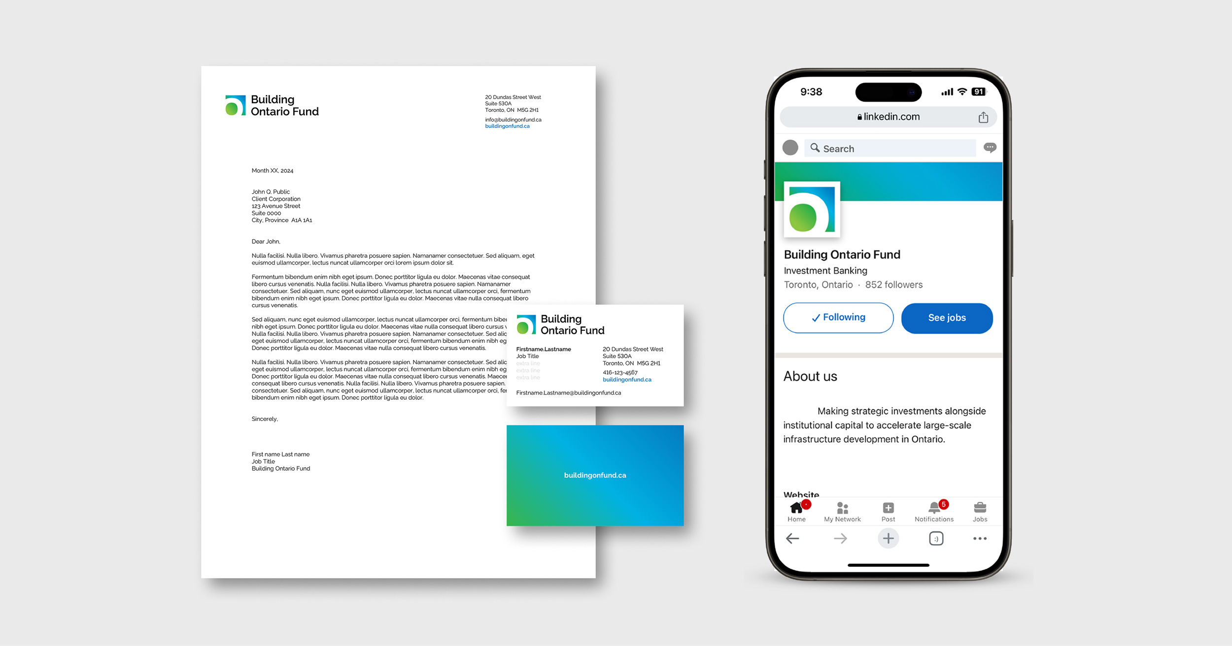 Letterhead and business cards, BOF's LinkedIn page on a mobile phone.