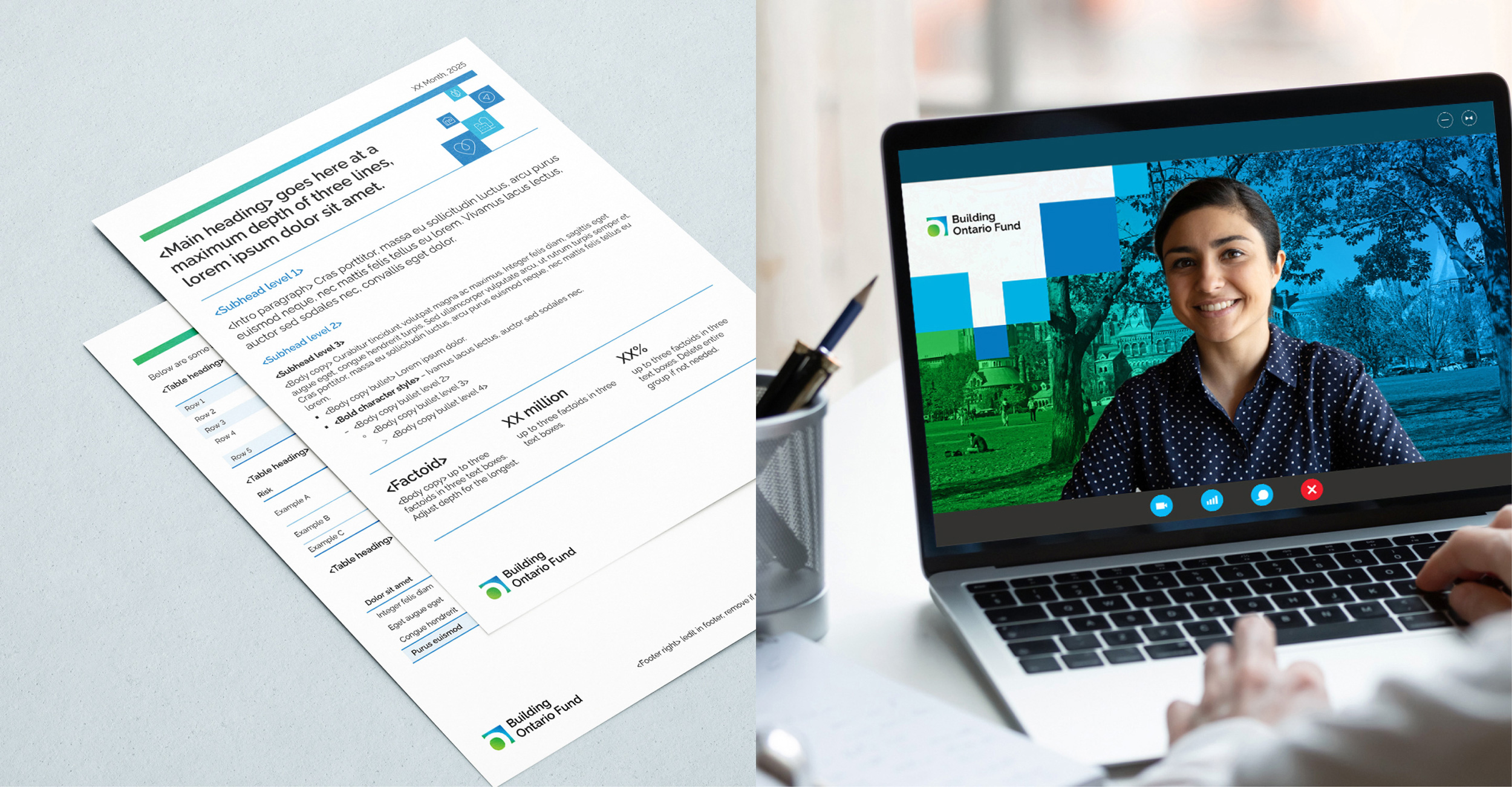 Split image of a one-pager brochure and a BOF virtual background on a computer laptop.