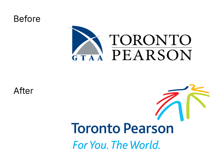 Before: GTAA Toronto Pearson old logo. After: Toronto Pearson new logo with the "For you. The World." tagline