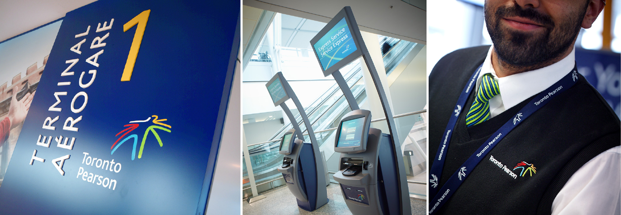 Triptych showing TPIA's inteior signage, Express Service kiosks, and uniform and lanyard.