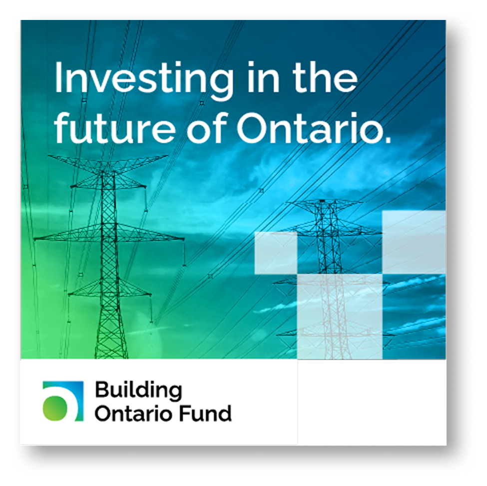 BOF web banner shows a blue and green colourized image of electric pylons, with a headline that reads "Investing in the future of Ontario", and the BOF logo at the bottom.