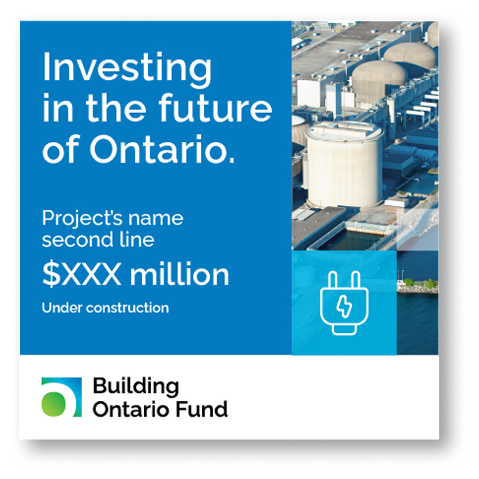 BOF web banner shows a blue an aerial image of a power plant, with a headline that reads "Investing in the future of Ontario", and the BOF logo at the bottom.