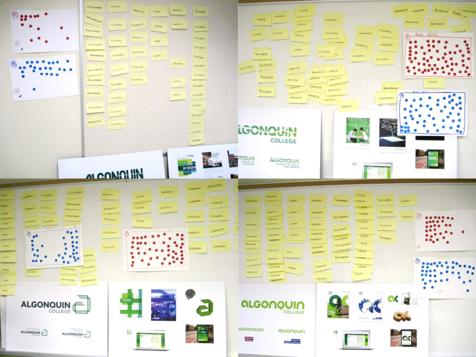 Four images of different creative concepts, papers with words and logo options posted on the wall