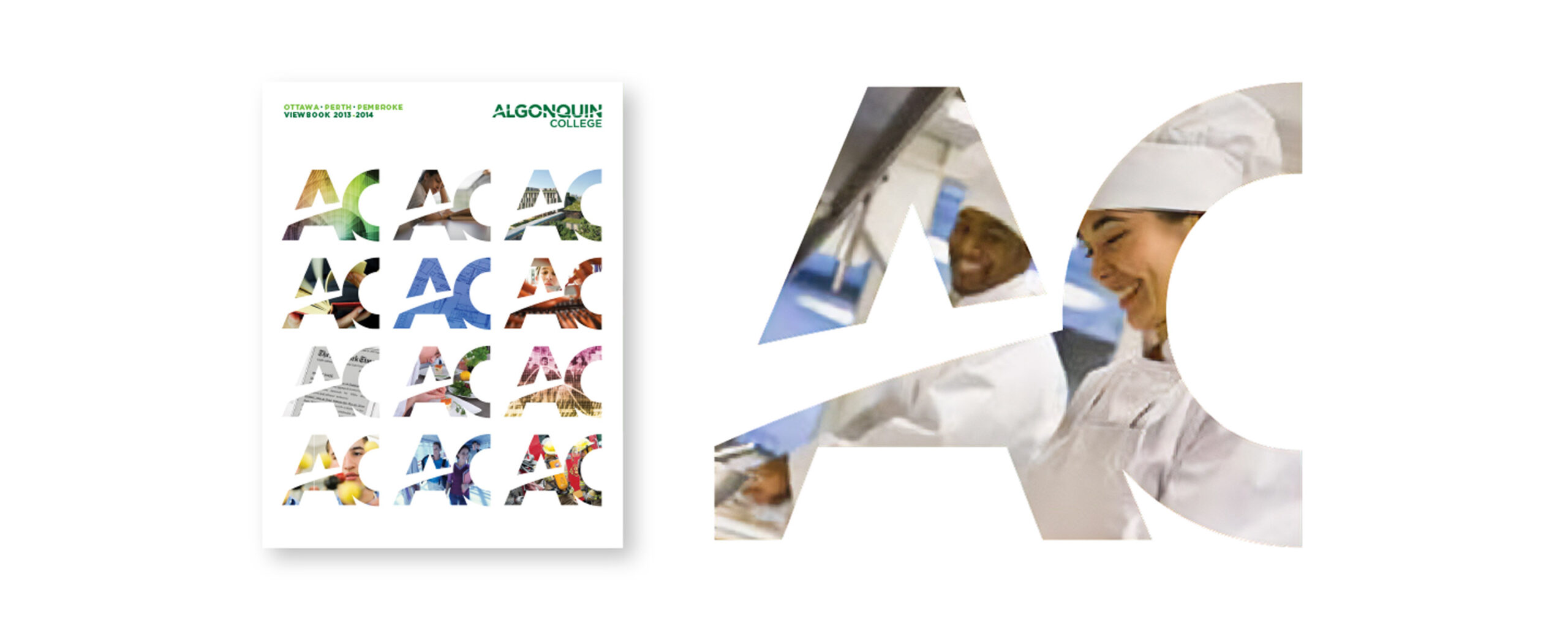 Image showing the Algonquin's college monogram being used as a container for images. Also shown is their yearbook, which has a grid of multiples monograms with different imagery on its cover.