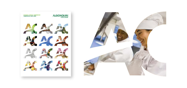 Image showing the Algonquin's college monogram being used as a container for images. Also shown is their yearbook, which has a grid of multiples monograms with different imagery on its cover.