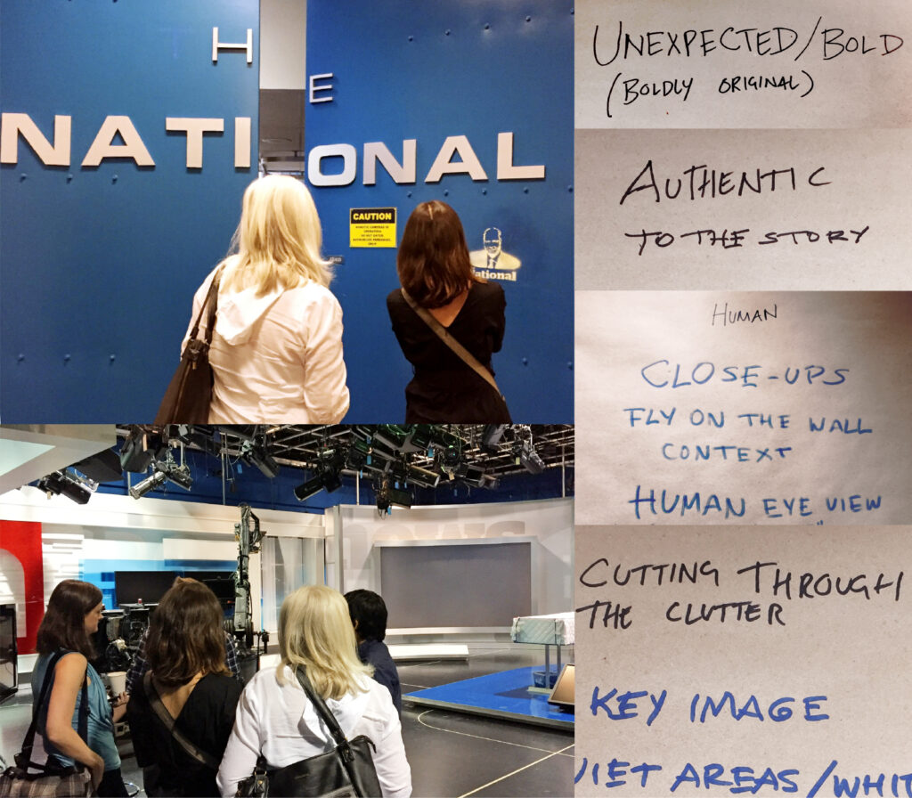 Collage of image showings the Ove's team visiting The National's set, and brainstorming ideas written on paper on the wall