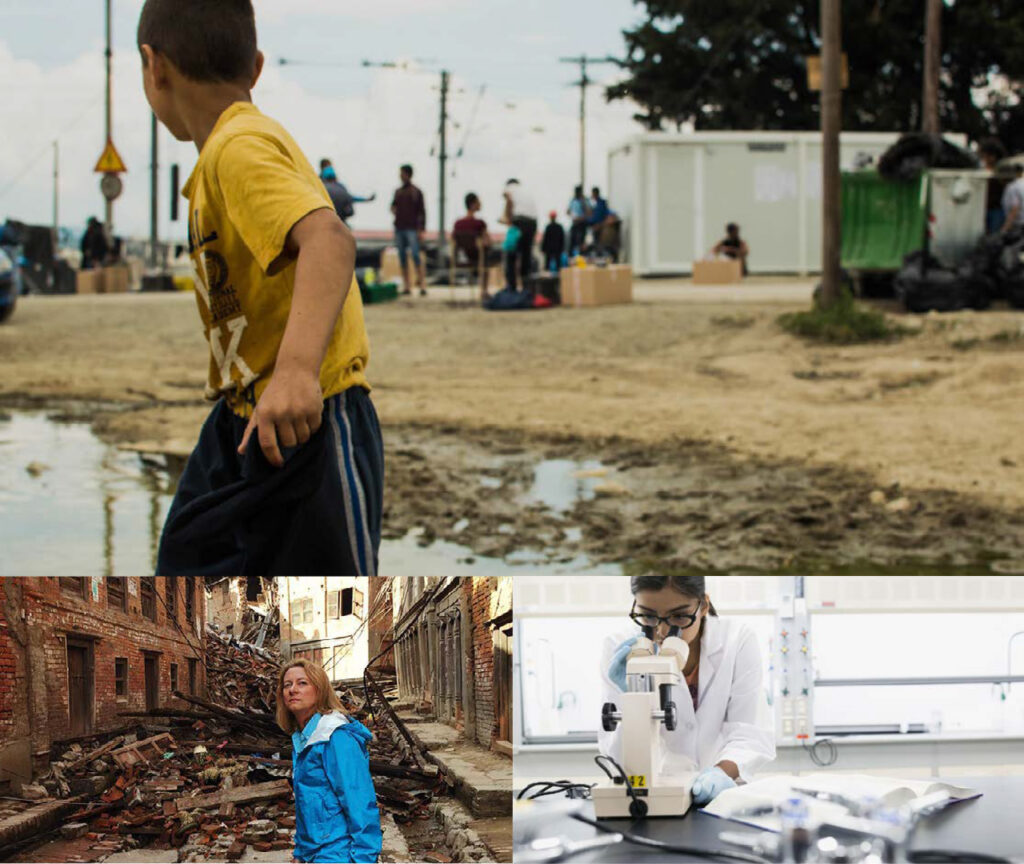 Collage of different news images from around the world, including Adrienne Arsenault reporting from a warn-torn city