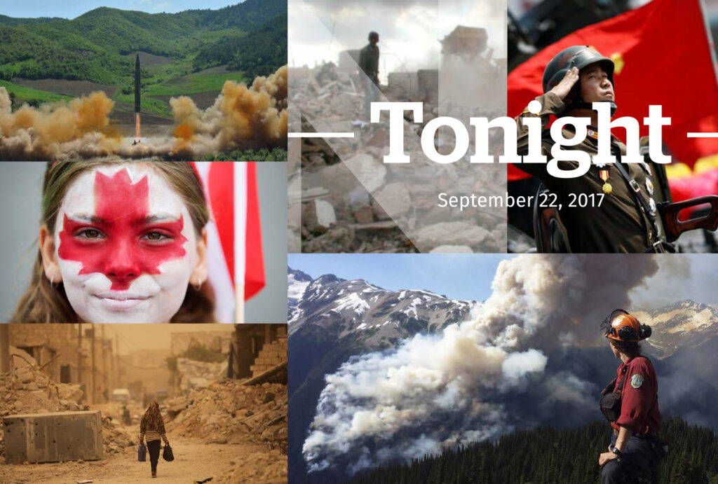 Collage of different news images from around the world, including a screenshot of The National's intro title screen