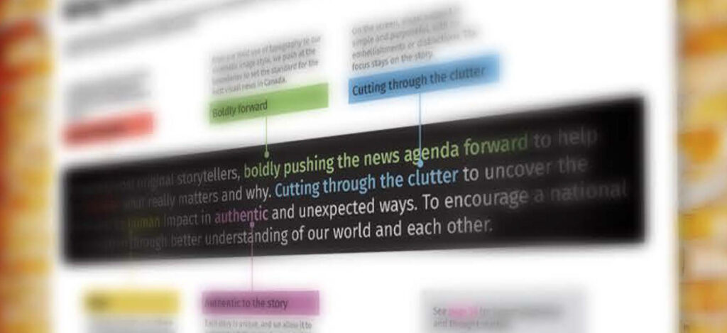 Image of The National's brand positioning strategy on a white board on the wall, partly blurred, with key words highlighted in different bright colour
