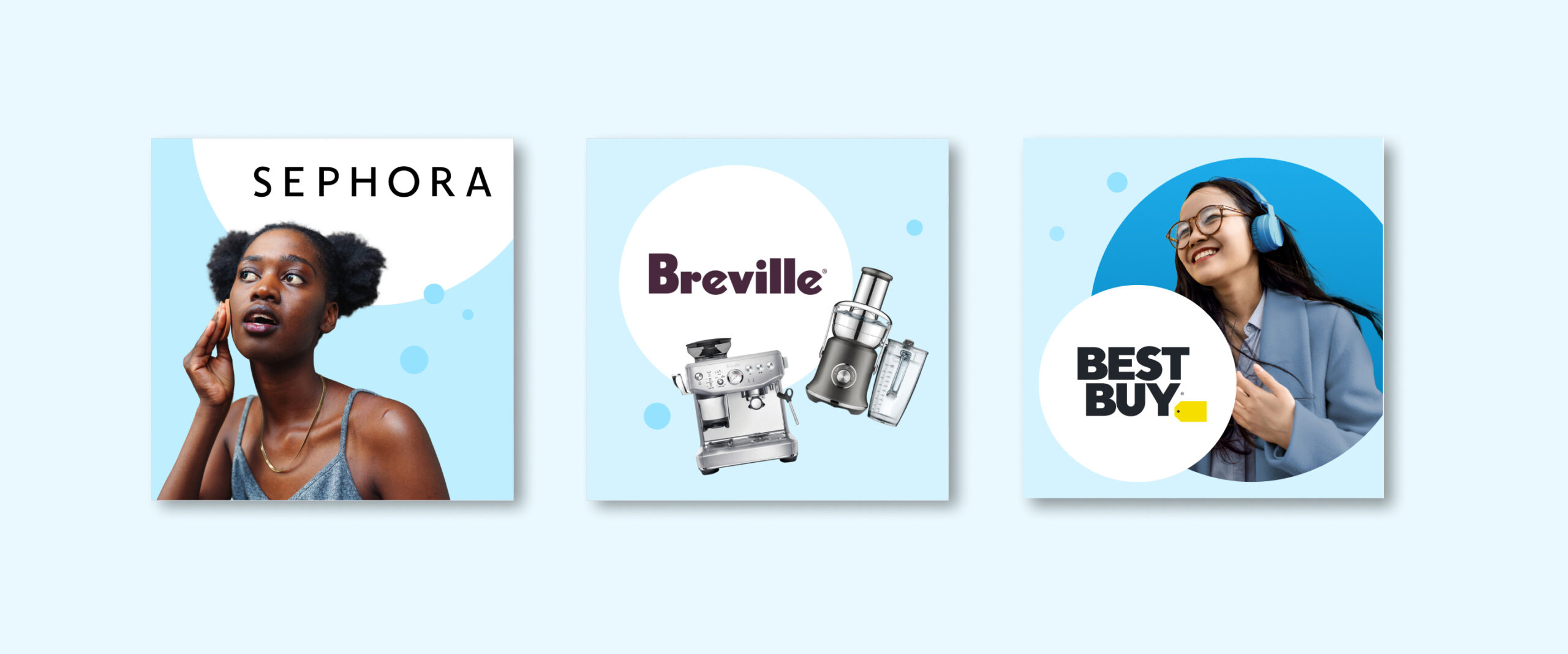 Collection of three social media tiles showing the Blue Rewards brand style with light blue tones and circles