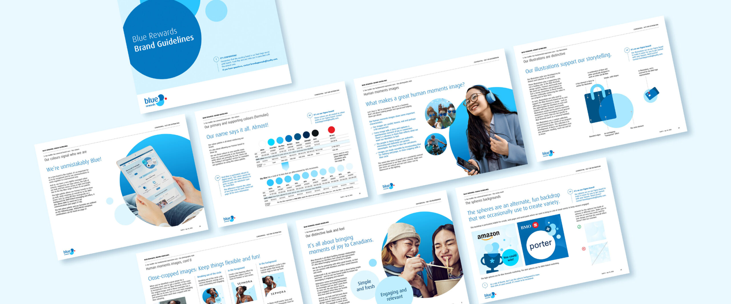 Overhead shot of multiple spreads from the Blue Rewards brand guidelines