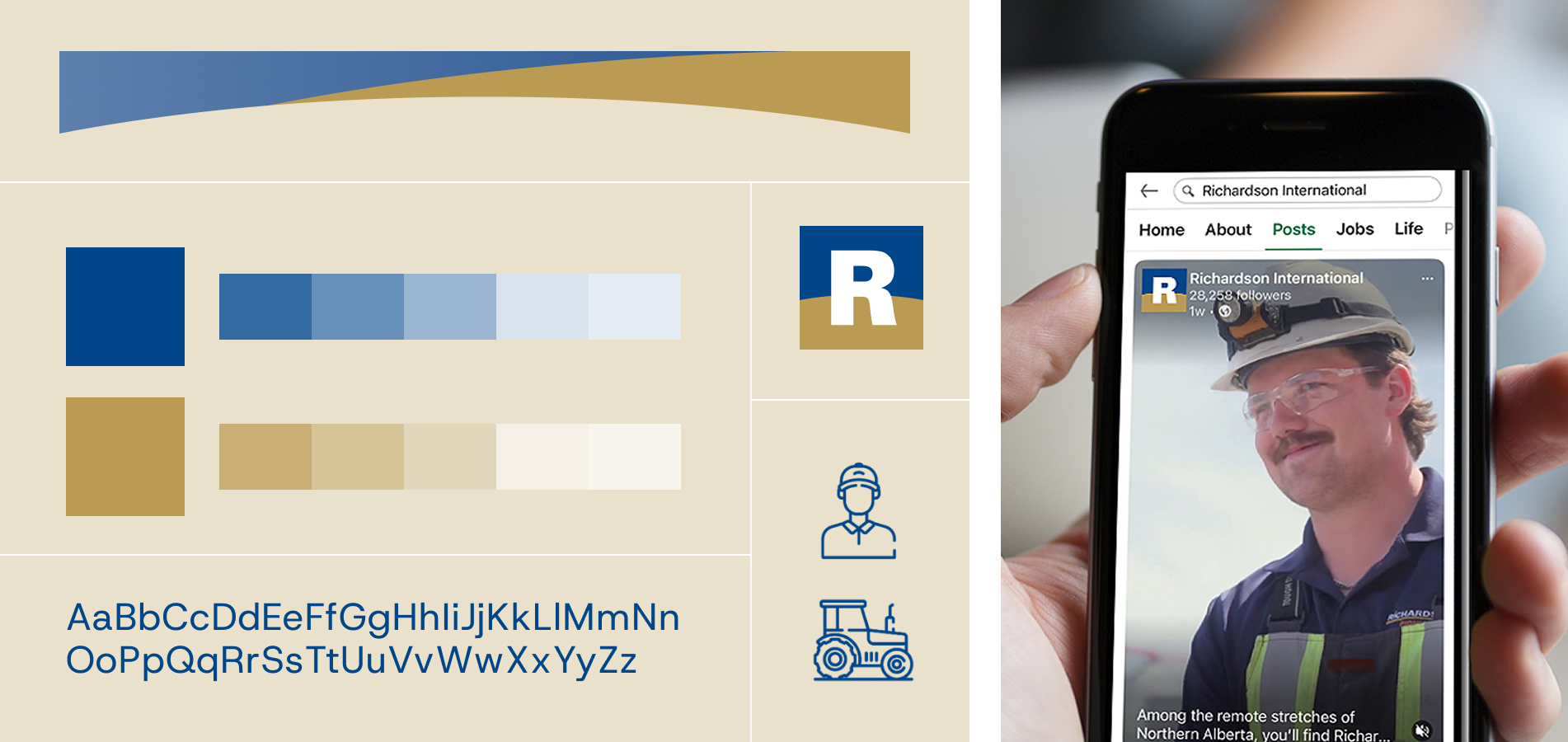 Split image showing Richardson brand elements, including supergraphic, colour palette, favicon, font and illustrations on the left; and a mobile phone showing the social media favicon on the right.